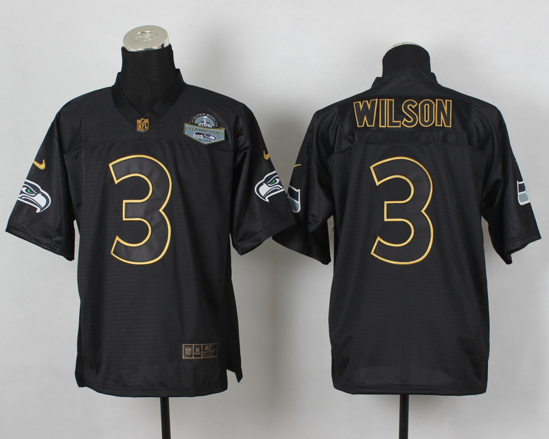Nike Seahawks 3 Wilson Black Elite 2014 Pro Gold Lettering Fashion Jerseys