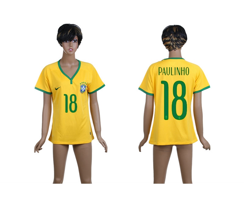 Brazil 18 Paulinho 2014 World Cup Home Soccer Women Jerseys