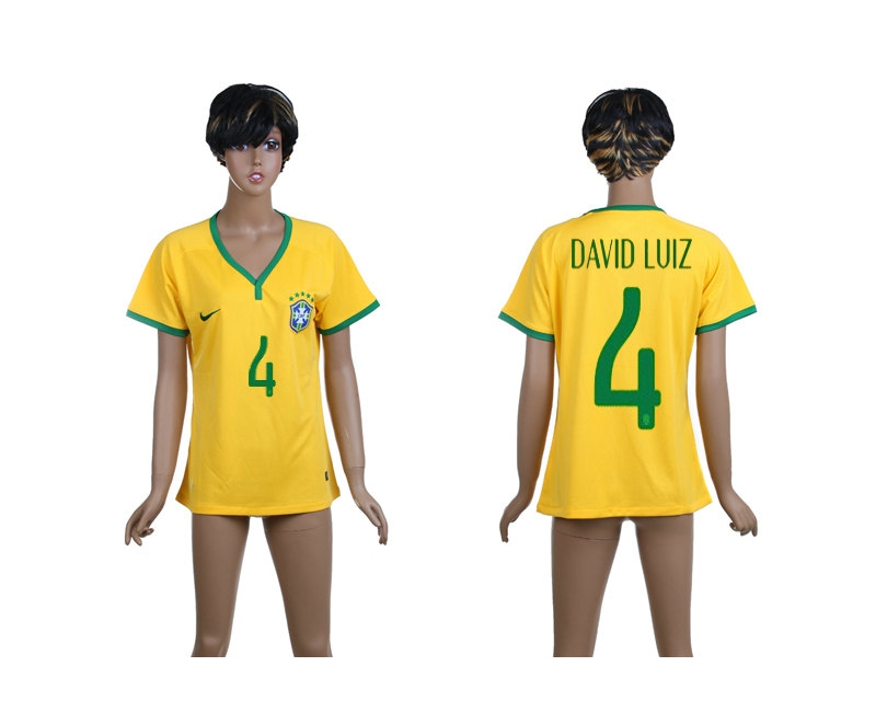 Brazil 4 David Luiz 2014 World Cup Home Soccer Women Jerseys