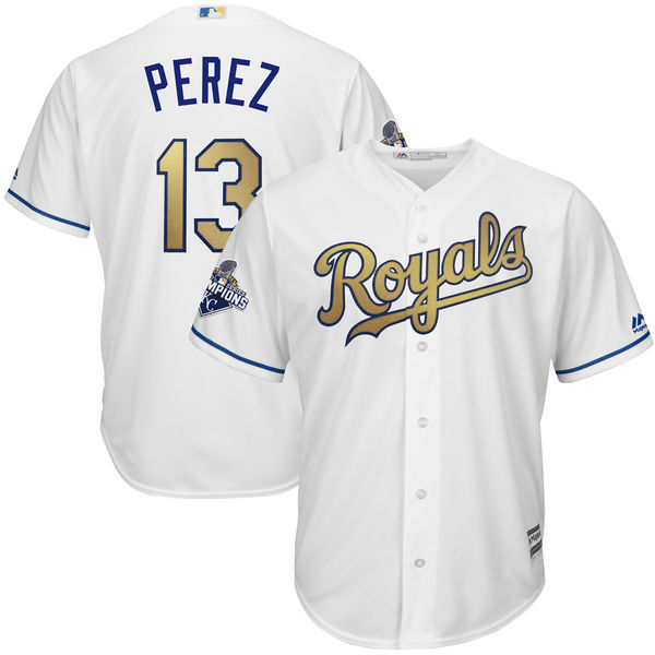 Royals 13 Salvador Perez White Youth 2015 World Series Champions New Cool Base Jersey - Click Image to Close