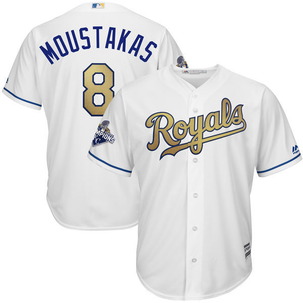 Royals 8 Mike Moustakas White Youth 2015 World Series Champions New Cool Base Jersey