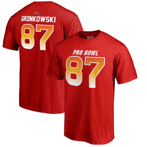 Patriots 87 Rob Gronkowski AFC NFL Pro Line by Fanatics Branded 2018 Pro Bowl Name & Number T Shirt Red - Click Image to Close