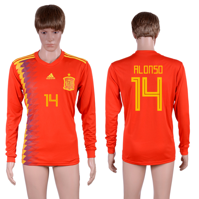 Spain 14 ALONSO Home 2018 FIFA World Cup Long Sleeve Thailand Soccer Jersey - Click Image to Close