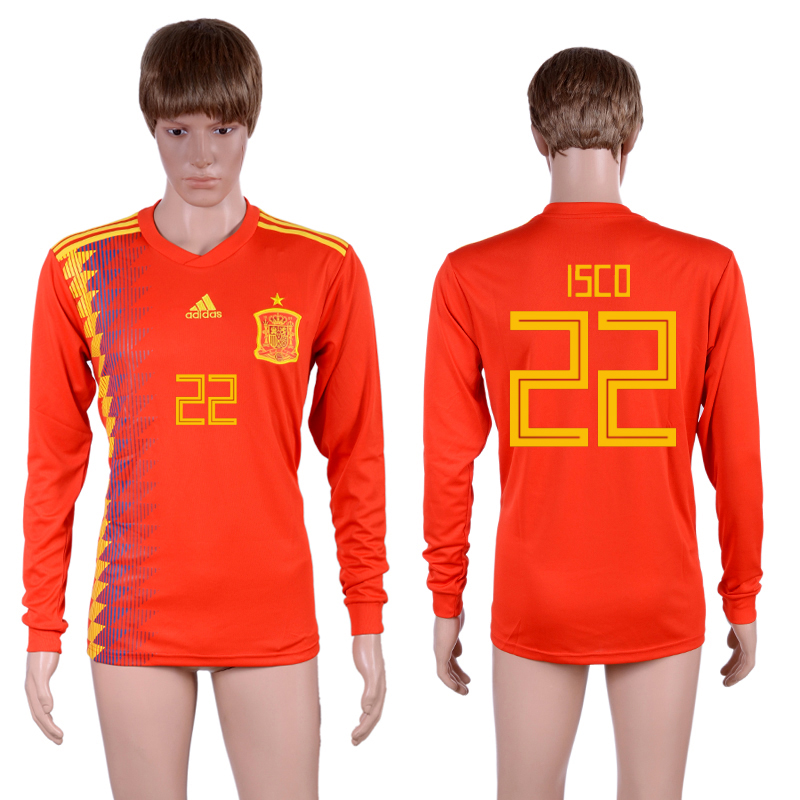 Spain 22 ISCO Home 2018 FIFA World Cup Long Sleeve Thailand Soccer Jersey - Click Image to Close