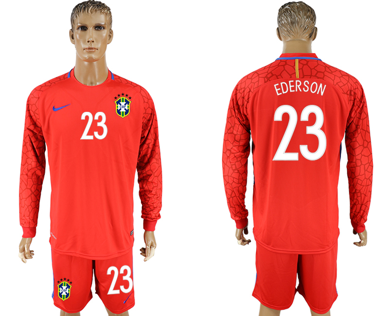Brazil 23 EDERSON Red Goalkeeper 2018 FIFA World Cup Long Sleeve Soccer Jersey - Click Image to Close