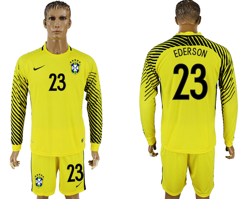 Brazil 23 EDERSON Yellow Goalkeeper 2018 FIFA World Cup Long Sleeve Soccer Jersey - Click Image to Close