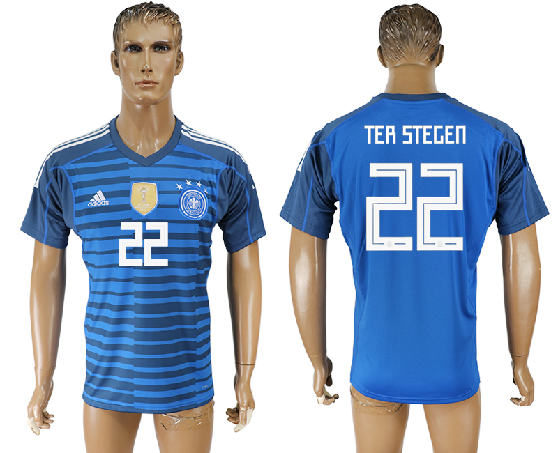 Germany 22 TER STEGEN Lake Blue Goalkeeper 2018 FIFA World Cup Thailand Soccer Jersey - Click Image to Close