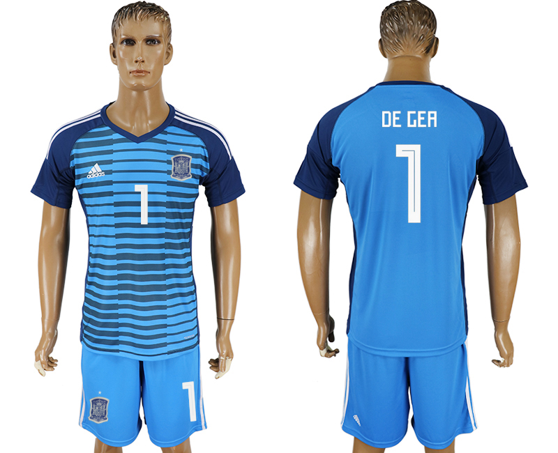 Spain 1 DE GER Lake Blue Goalkeeper 2018 FIFA World Cup Soccer Jersey - Click Image to Close