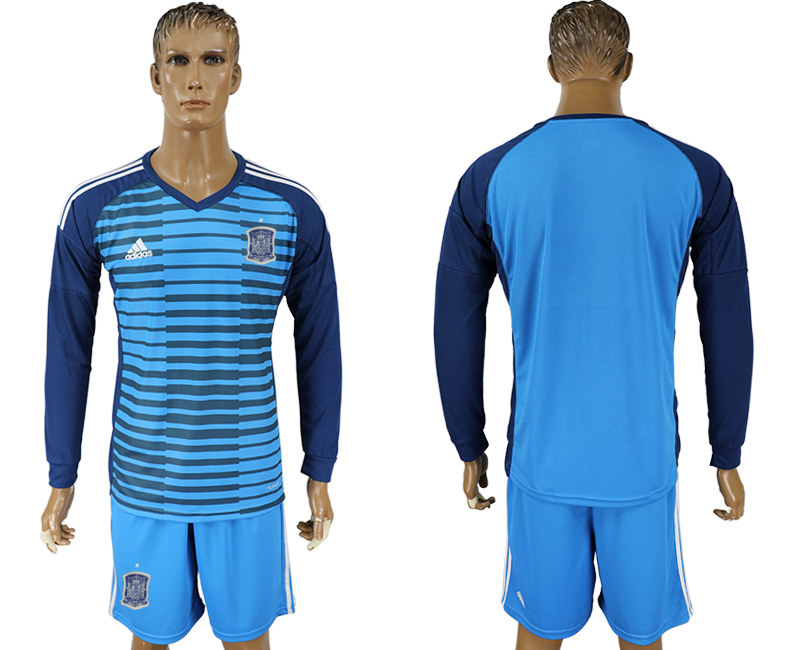 Spain Lake Blue Goalkeeper 2018 FIFA World Cup Long Sleeve Soccer Jersey