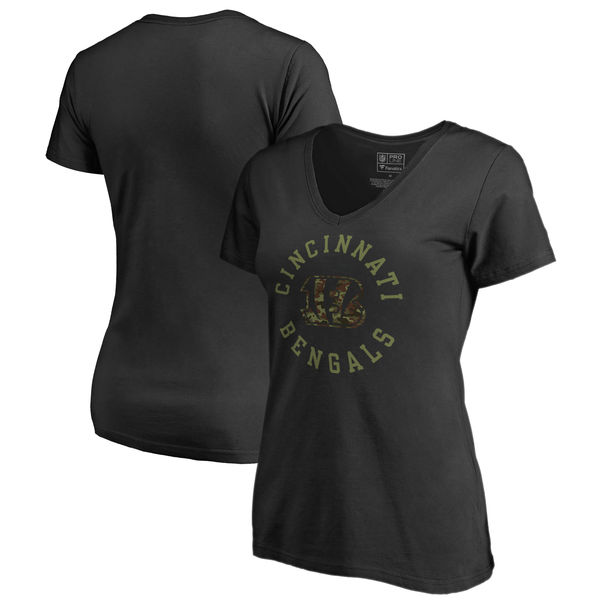 Cincinnati Bengals NFL Pro Line by Fanatics Branded Women's Camo Collection Liberty Plus Size V Neck T-Shirt Black - Click Image to Close