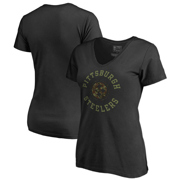 Pittsburgh Steelers NFL Pro Line by Fanatics Branded Women's Camo Collection Liberty Plus Size V Neck T-Shirt Black