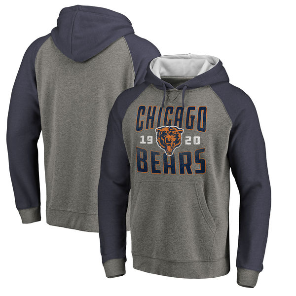Chicago Bears NFL Pro Line by Fanatics Branded Timeless Collection Antique Stack Tri-Blend Raglan Pullover Hoodie Ash - Click Image to Close