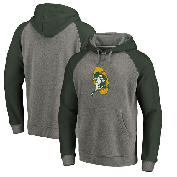 Green Bay Packers NFL Pro Line by Fanatics Branded Throwback Logo Tri-Blend Raglan Pullover Hoodie Gray/Green