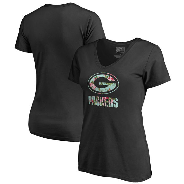 Green Bay Packers NFL Pro Line by Fanatics Branded Women's Lovely Plus Size V Neck T-Shirt Black - Click Image to Close