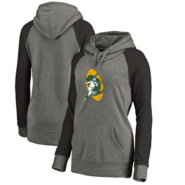 Green Bay Packers NFL Pro Line by Fanatics Branded Women's Throwback Logo Tri-Blend Raglan Plus Size Pullover Hoodie Gray/Black