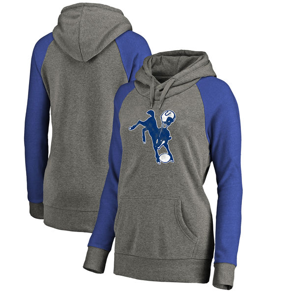 Indianapolis Colts NFL Pro Line by Fanatics Branded Women's Throwback Logo Tri-Blend Raglan Plus Size Pullover Hoodie Gray/Royal