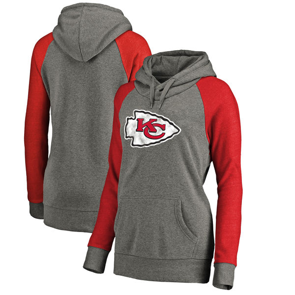 Kansas City Chiefs NFL Pro Line by Fanatics Branded Women's Throwback Logo Tri-Blend Raglan Plus Size Pullover Hoodie Gray/Red - Click Image to Close