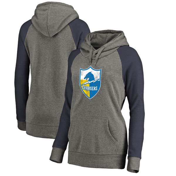 Los Angeles Chargers NFL Pro Line by Fanatics Branded Women's Throwback Logo Tri-Blend Raglan Plus Size Pullover Hoodie Gray/Navy