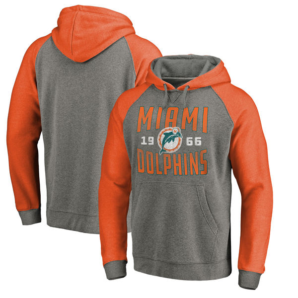 Miami Dolphins NFL Pro Line by Fanatics Branded Timeless Collection Antique Stack Tri-Blend Raglan Pullover Hoodie Ash
