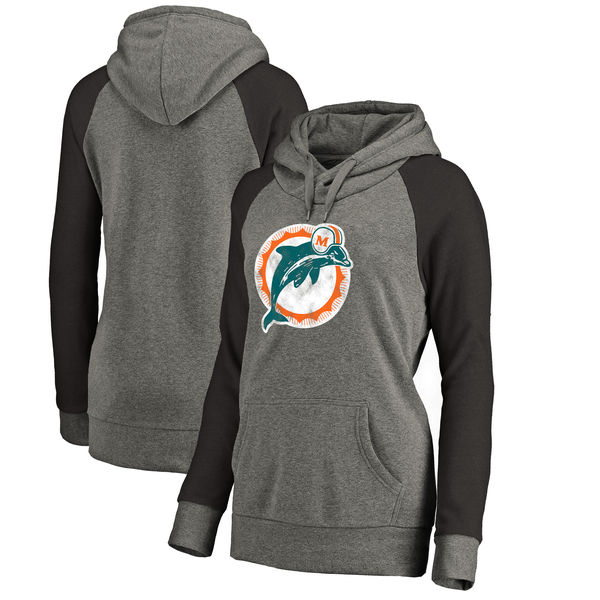 Miami Dolphins NFL Pro Line by Fanatics Branded Women's Throwback Logo Tri-Blend Raglan Plus Size Pullover Hoodie Gray/Black