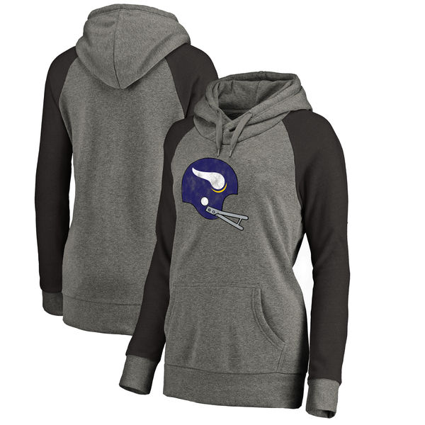 Minnesota Vikings NFL Pro Line by Fanatics Branded Women's Throwback Logo Tri-Blend Raglan Plus Size Pullover Hoodie Gray/Black