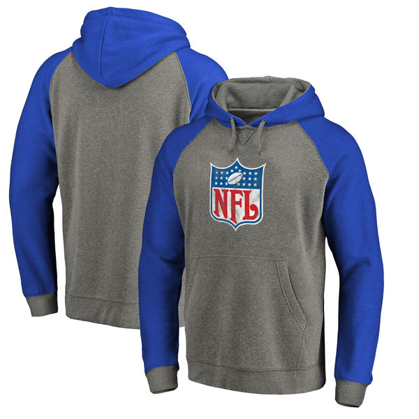 NFL Shield NFL Pro Line by Fanatics Branded Throwback Logo Tri-Blend Raglan Pullover Hoodie Heather Gray/Royal