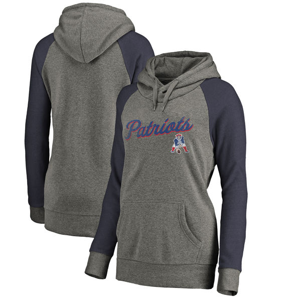 New England Patriots NFL Pro Line by Fanatics Branded Women's Timeless Collection Rising Script Plus Size Tri-Blend Hoodie Ash - Click Image to Close