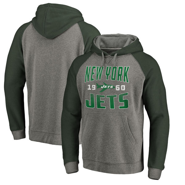 New York Jets NFL Pro Line by Fanatics Branded Timeless Collection Antique Stack Tri-Blend Raglan Pullover Hoodie Ash
