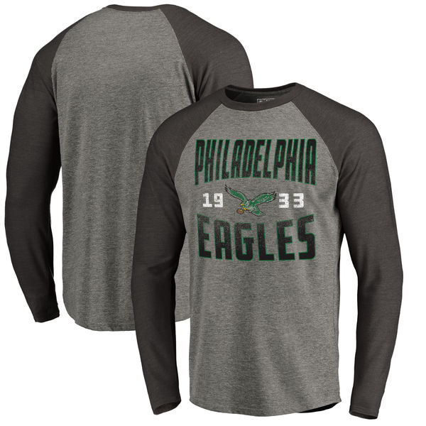 Philadelphia Eagles NFL Pro Line by Fanatics Branded Timeless Collection Antique Stack Long Sleeve Tri-Blend Raglan T-Shirt Ash