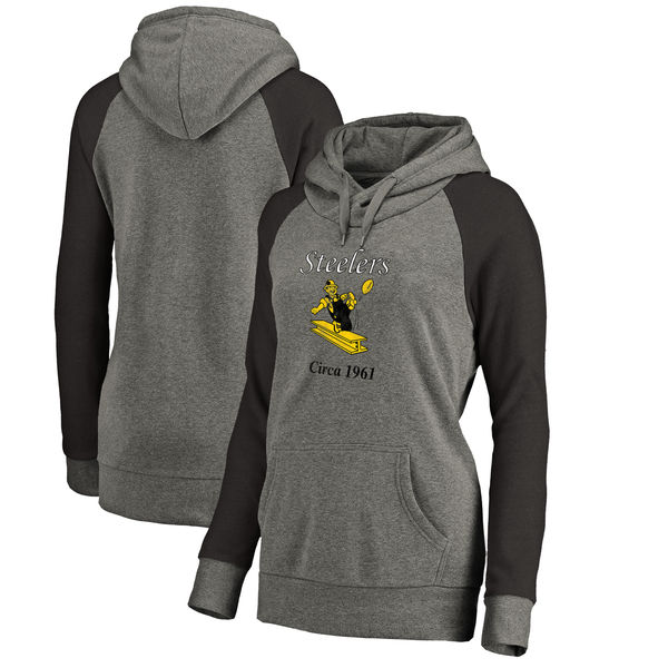 Pittsburgh Steelers NFL Pro Line by Fanatics Branded Women's Throwback Logo Tri-Blend Raglan Plus Size Pullover Hoodie Gray/Black - Click Image to Close