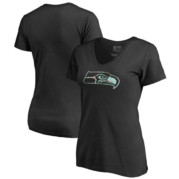 Seattle Seahawks NFL Pro Line by Fanatics Branded Women's Lovely Plus Size V Neck T-Shirt Black - Click Image to Close