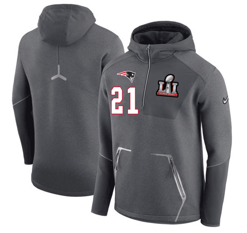 New England Patriots 21 Malcolm Butler Nike 2017 Super Bowl LI Bound Team Half-Zip Performance Pullover Hoodie Gray - Click Image to Close