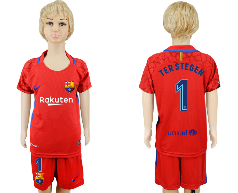 2017-18 Barcelona 1 TERSTEGEN Red Goalkeeper Youth Soccer Jersey