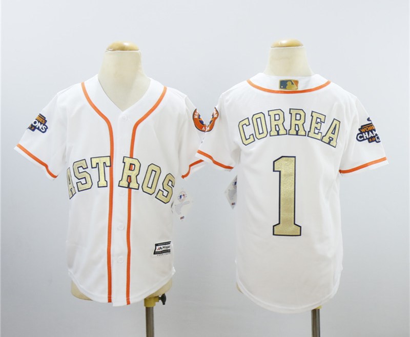 Astros 1 Carlos Correa White Youth 2018 Gold Program Cool Base Jersey - Click Image to Close