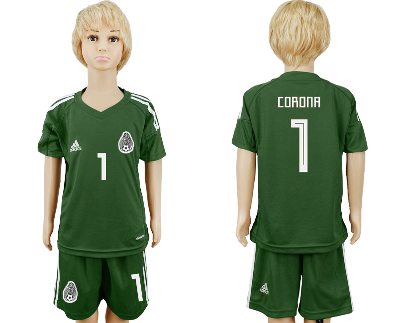 Mexico 1 CORONA Army Green Goalkeeper Youth 2018 FIFA World Cup Soccer Jersey - Click Image to Close