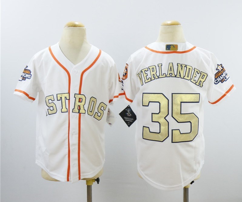 Astros 35 Justin Verlander White Youth 2018 Gold Program Cool Base Jersey - Click Image to Close