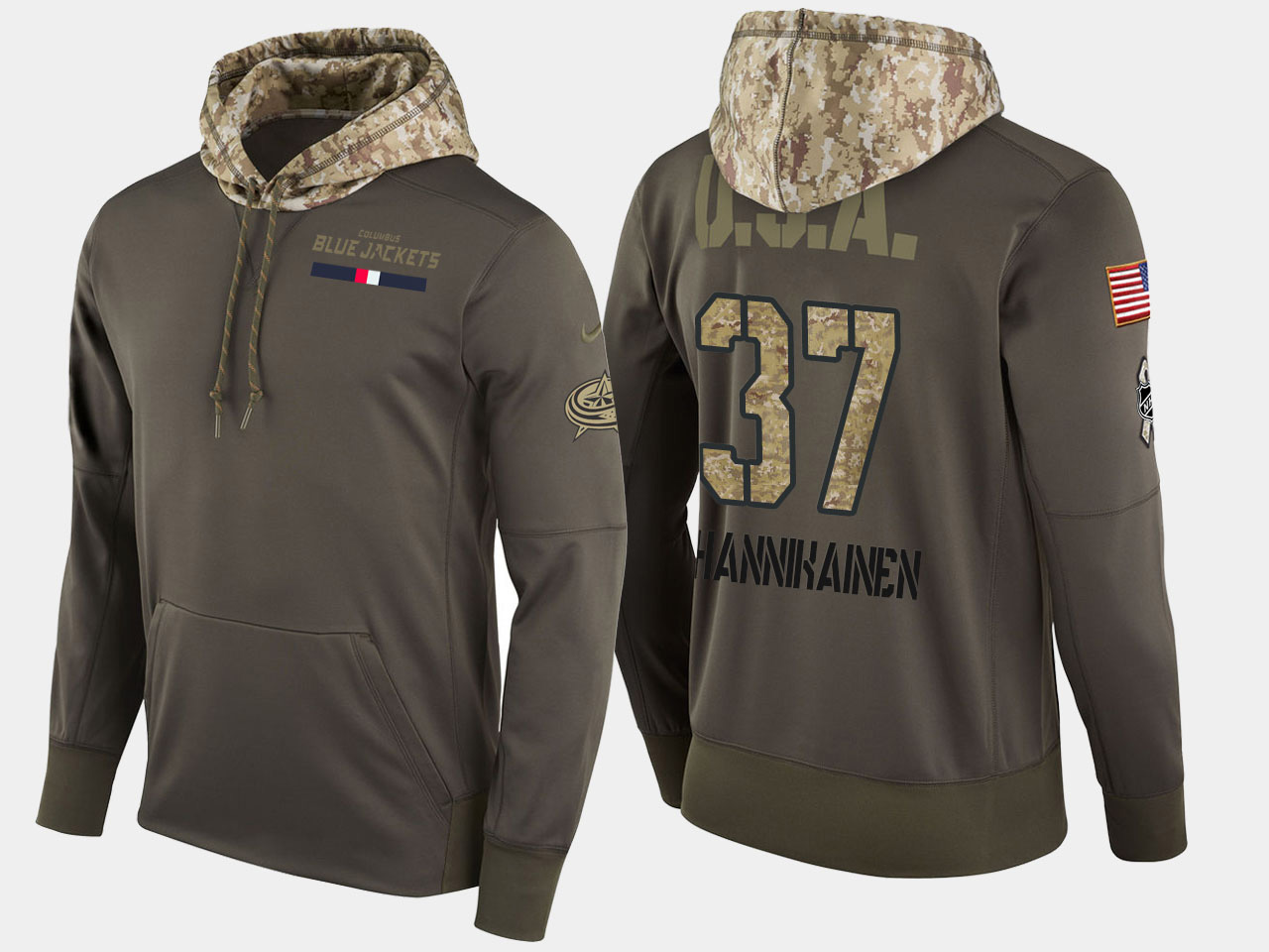 Nike Blue Jackets 37 Markus Hannikainen Olive Salute To Service Pullover Hoodie