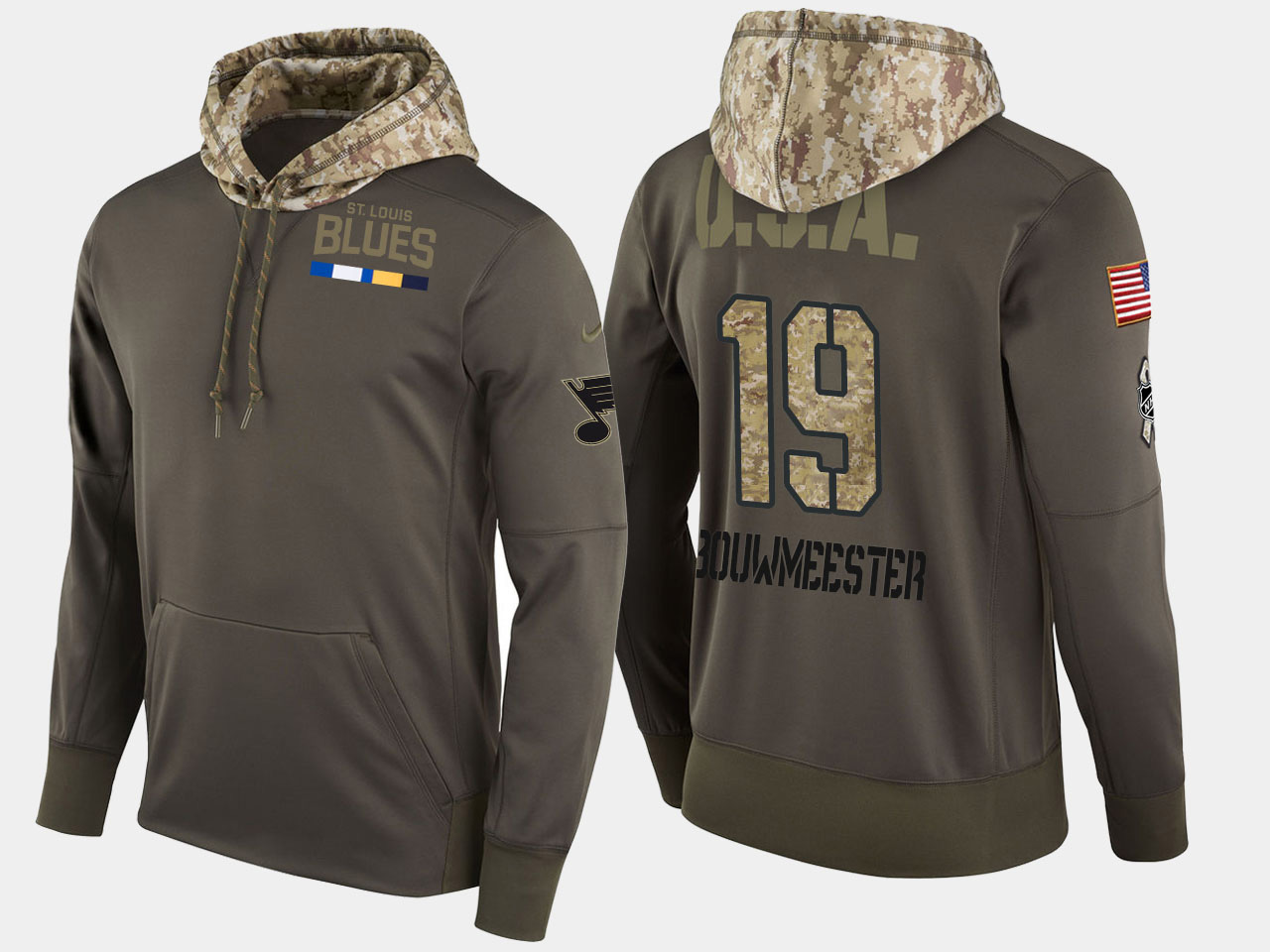 Nike Blues 19 Jay Bouwmeester Olive Salute To Service Pullover Hoodie
