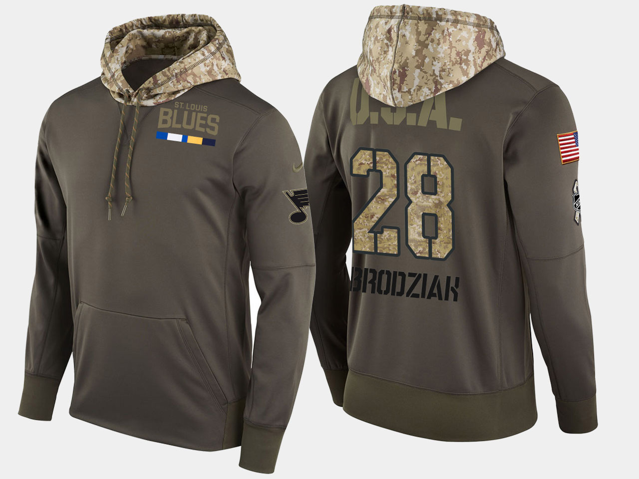 Nike Blues 28 Kyle Brodziak Olive Salute To Service Pullover Hoodie - Click Image to Close