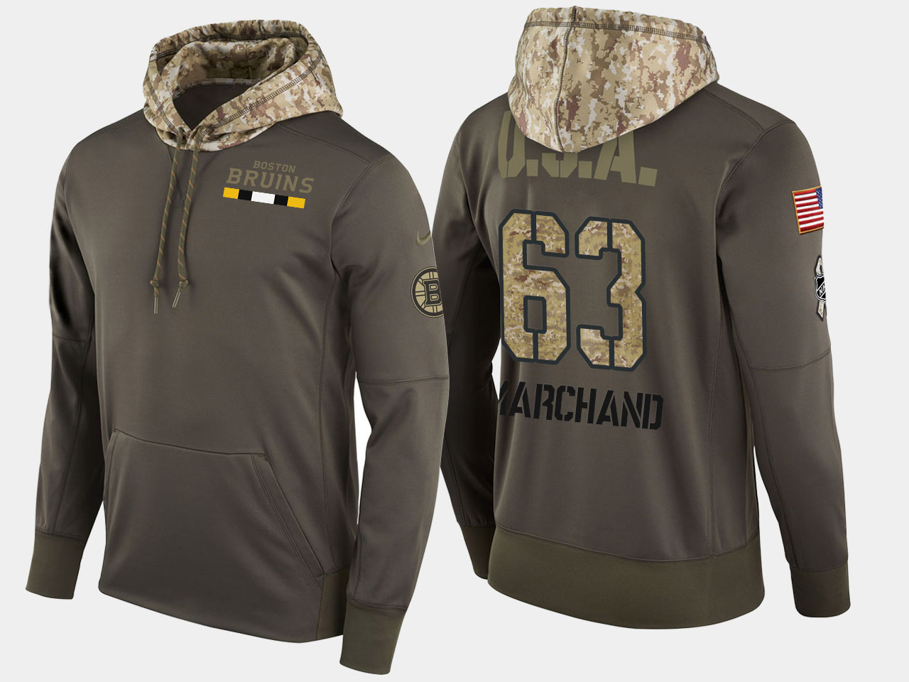 Nike Bruins 63 Brad Marchand Olive Salute To Service Pullover Hoodie - Click Image to Close