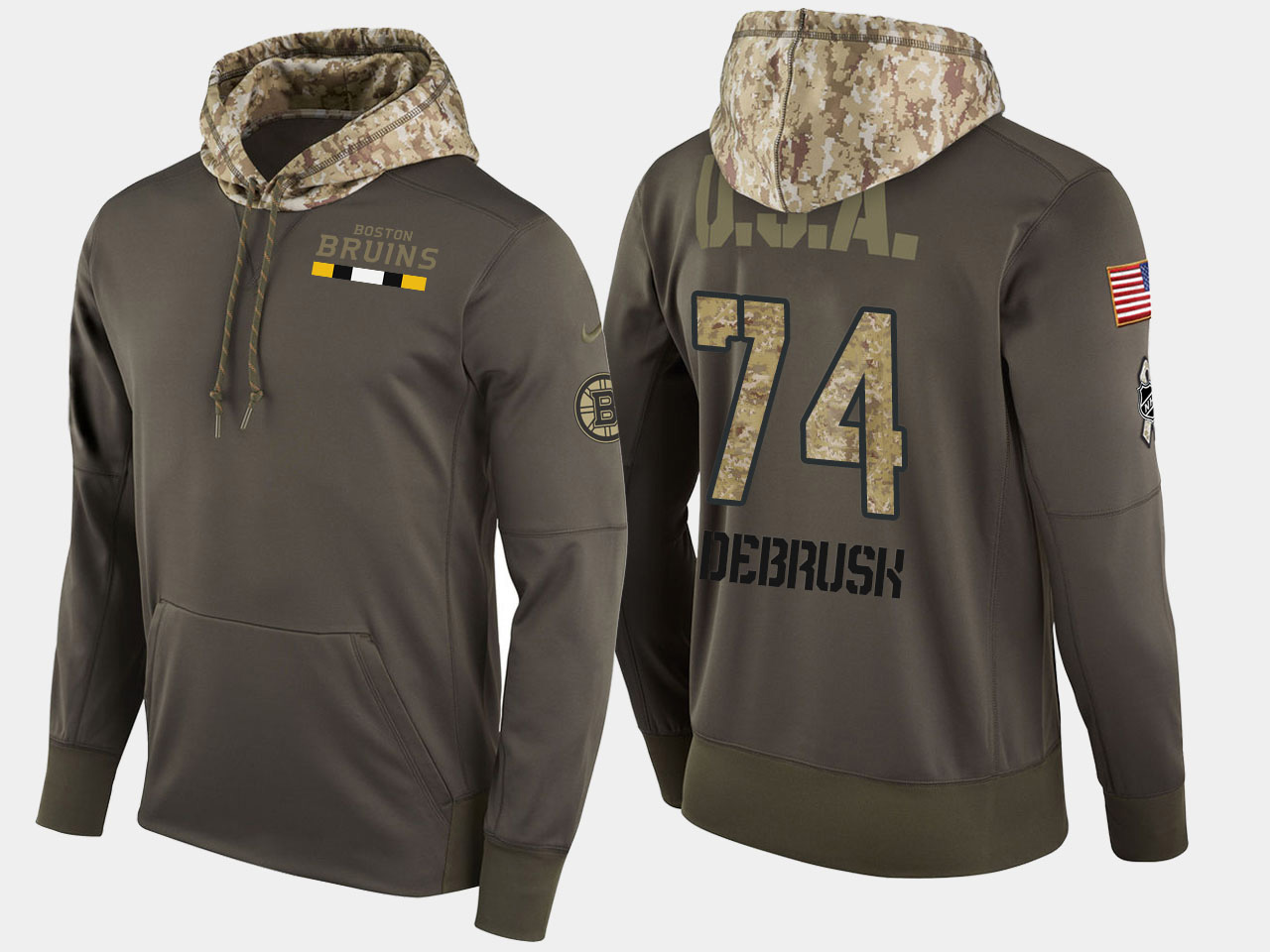 Nike Bruins 74 Jake Debrusk Olive Salute To Service Pullover Hoodie - Click Image to Close