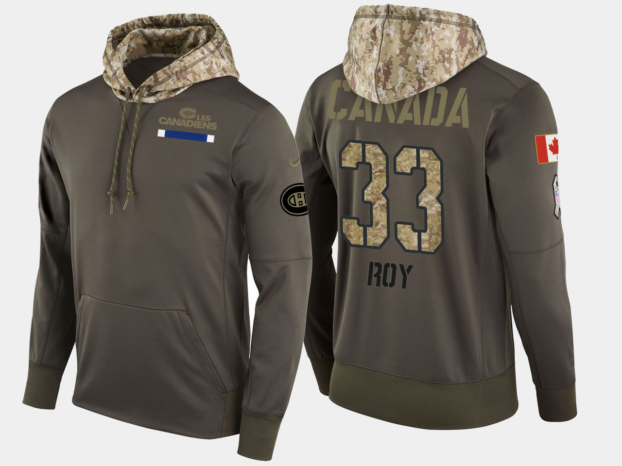 Nike Canadiens 33 Patrick Roy Olive Salute To Service Pullover Hoodie