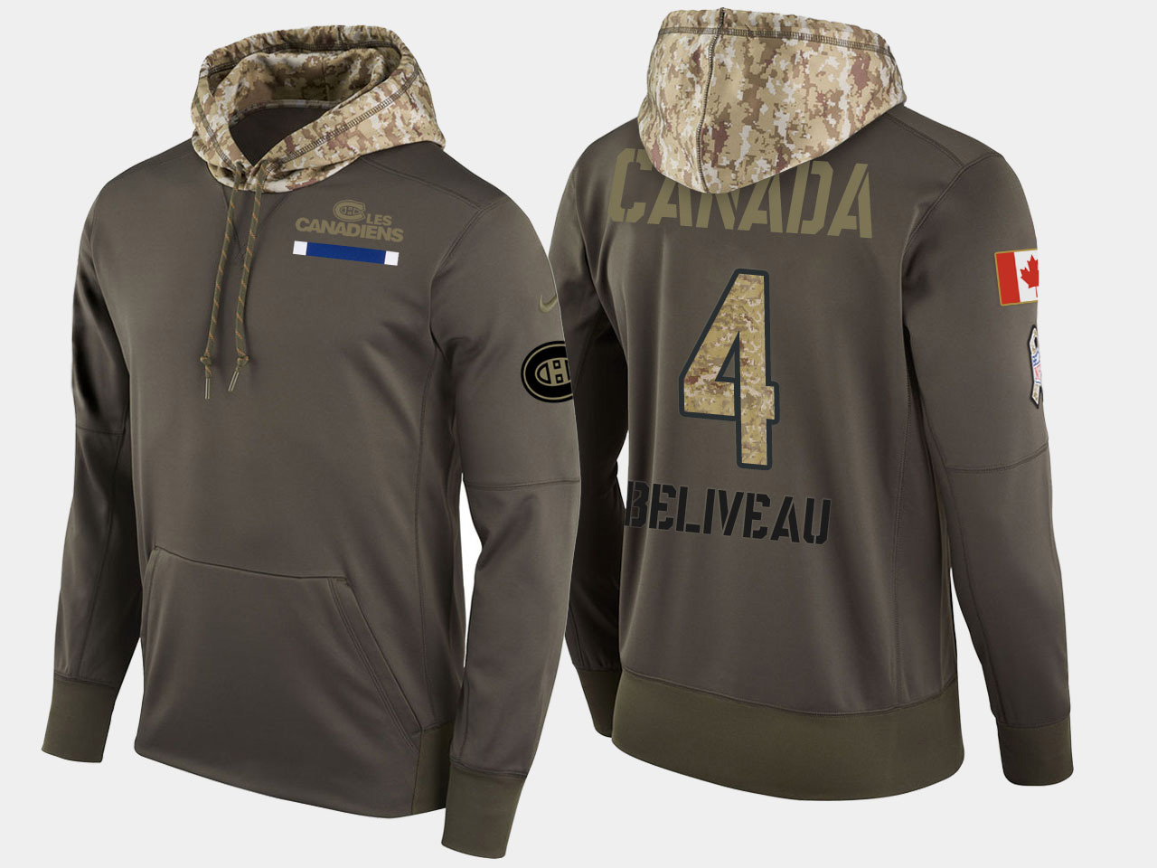 Nike Canadiens 4 Jean Beliveau Retired Olive Salute To Service Pullover Hoodie