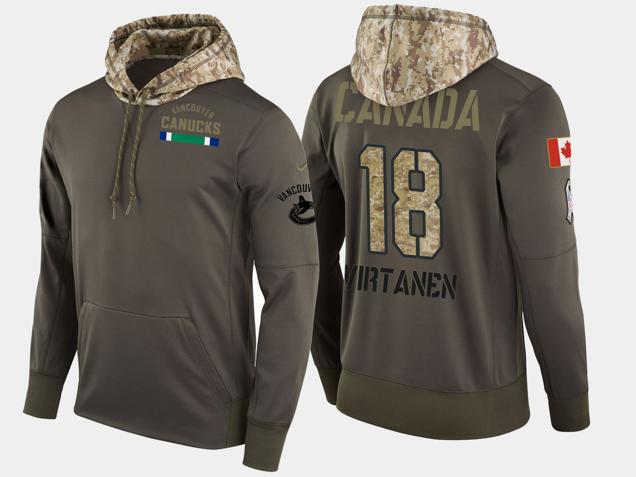 Nike Canucks 18 Jake Virtanen Olive Salute To Service Pullover Hoodie - Click Image to Close