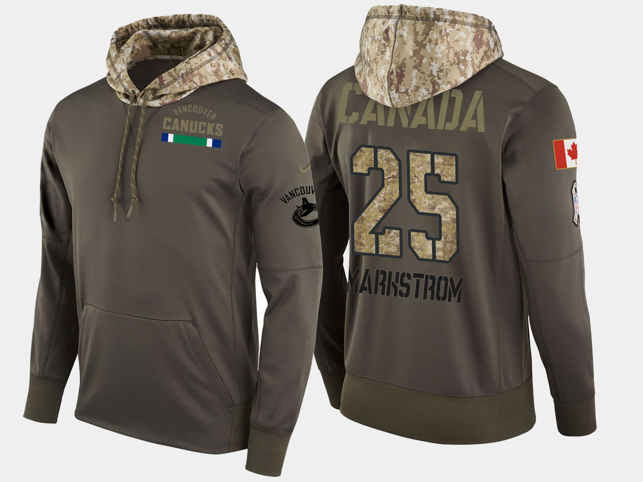 Nike Canucks 25 Gacob Markstrom Olive Salute To Service Pullover Hoodie