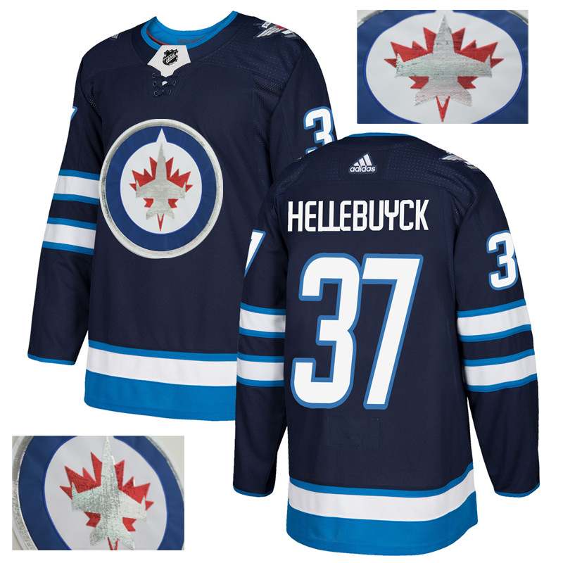 Jets 37 Connor Hellebuyck Navy With Special Glittery Logo Adidas Jersey