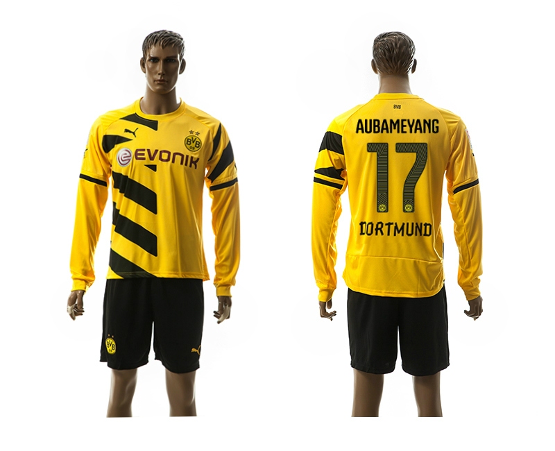 2014-15 Dortmund 17 Aubameyang Home Long Sleeve Jerseys
