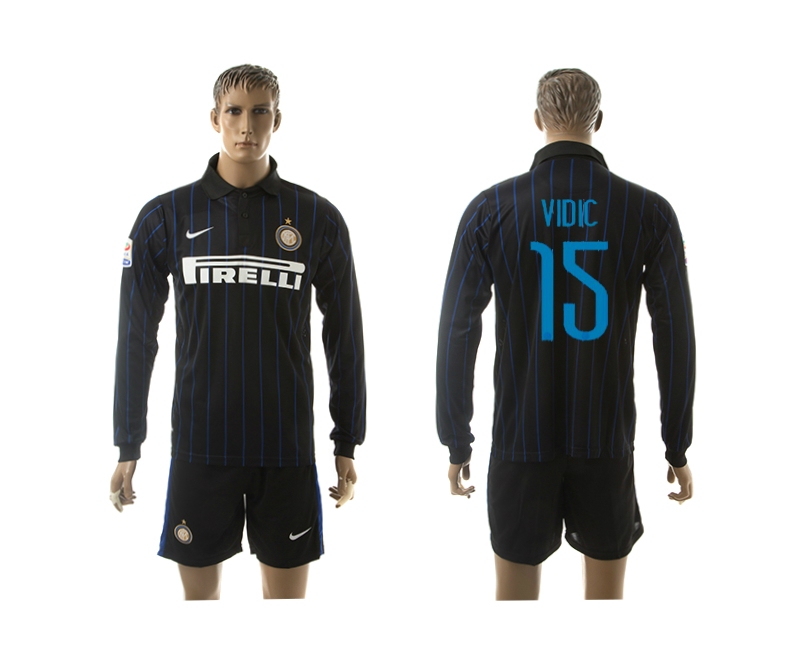 2014-15 Inter Milan 15 Vidic Home Long Sleeve Jerseys