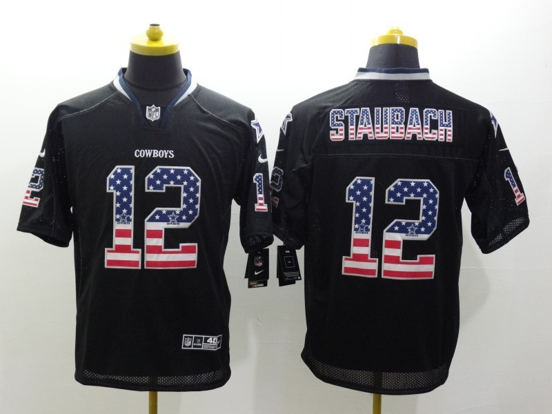 Nike Cowboys 12 Staubach USA Flag Fashion Black Elite Jersey