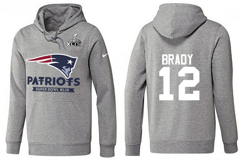Nike Patriots 12 Brady Grey 2015 Super Bowl XLIX Pullover Hoodies